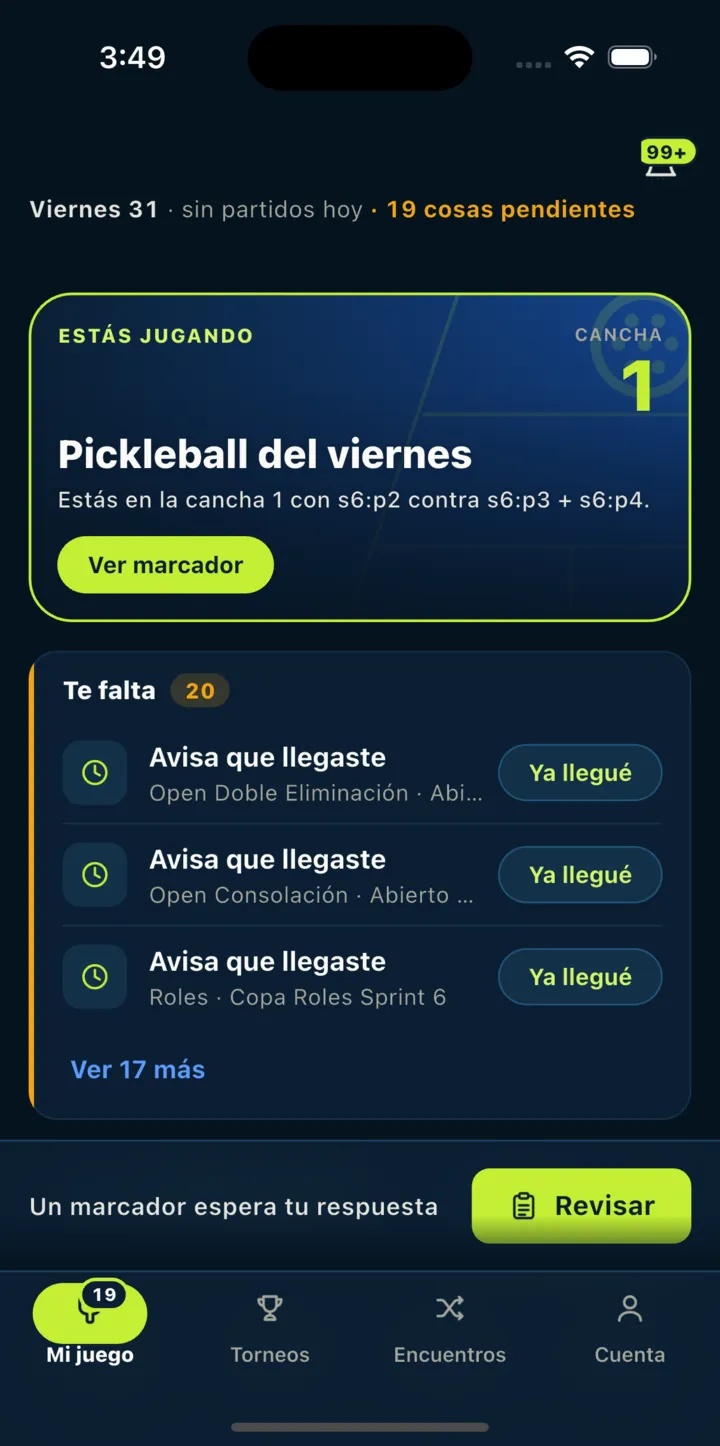 Pantalla Mi juego de la app DinkGo: el partido en curso con su cancha y la lista de lo que falta por confirmar