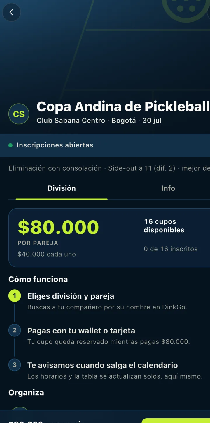 La app DinkGo mostrando un torneo con su calendario y sus divisiones