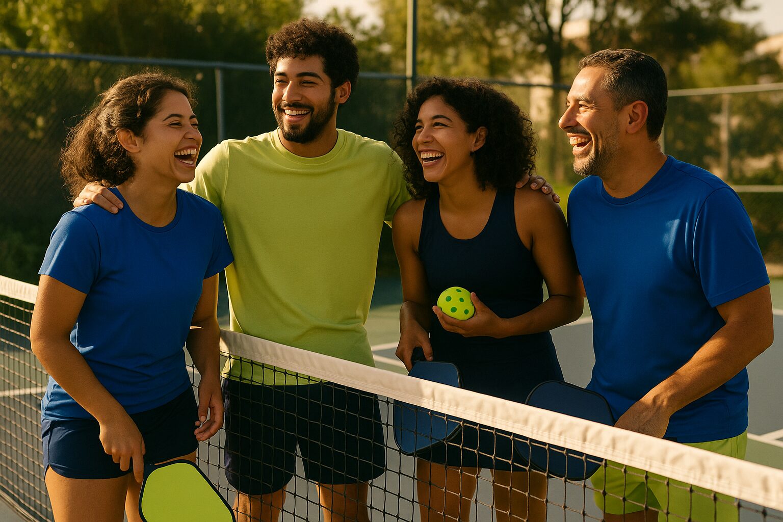 Cuatro jugadores conversando y riéndose junto a la red al terminar un partido de pickleball