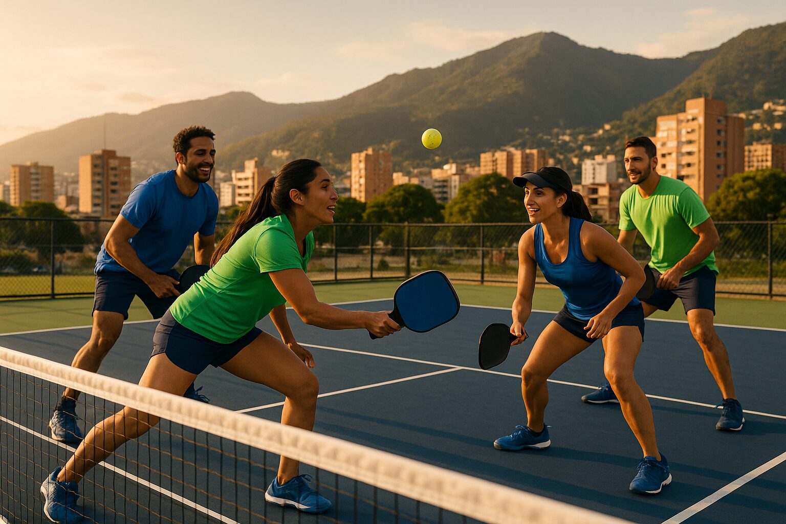 Cuatro jugadores de pickleball en un punto de dobles, en una cancha al aire libre en Colombia