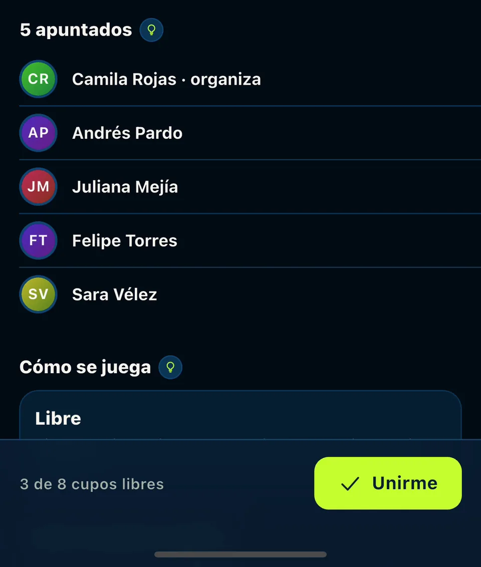 Un encuentro en la app: cinco apuntados, «3 de 8 cupos libres» y el botón Unirme