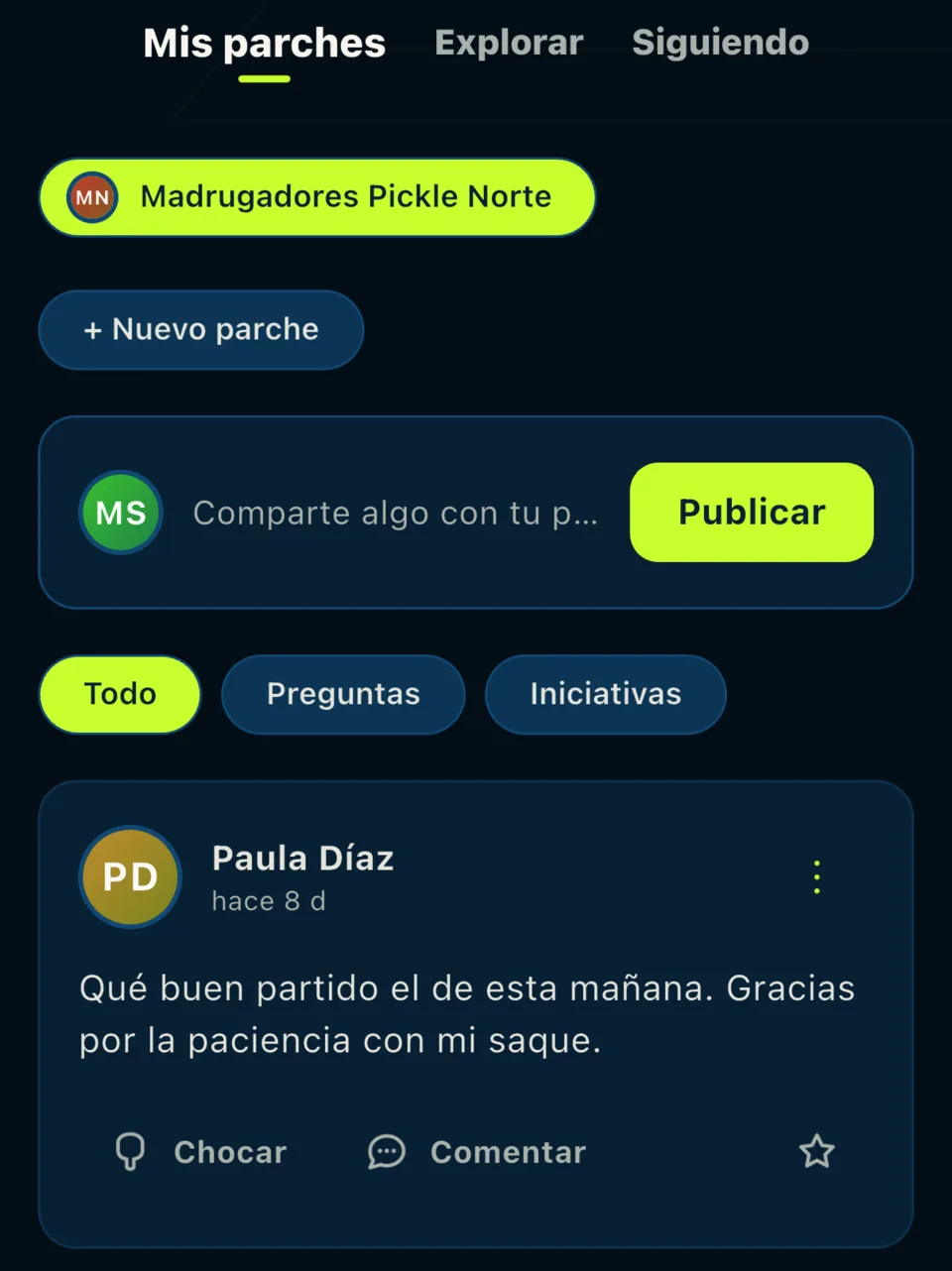 El muro de un parche en Comunidad: publicar, filtrar por preguntas o iniciativas y las publicaciones del grupo