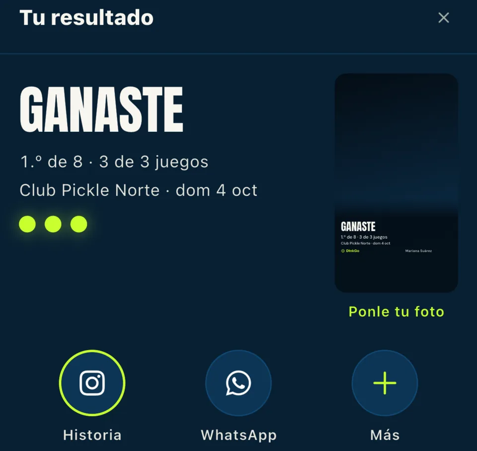 Tu resultado al terminar: «Ganaste, 1.º de 8, 3 de 3 juegos», con botones para compartirlo