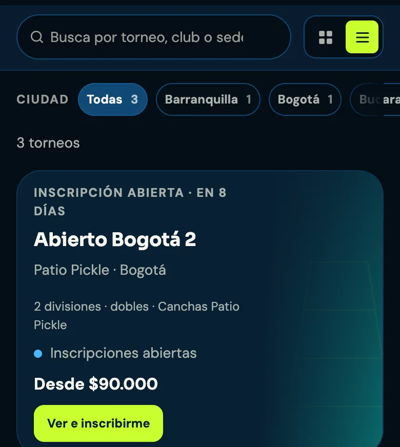 El directorio de torneos de DinkGo en un celular, con torneos de ejemplo: el buscador, el filtro por ciudad y el torneo más cercano con la inscripción abierta, su club, su precio y el botón Ver e inscribirme