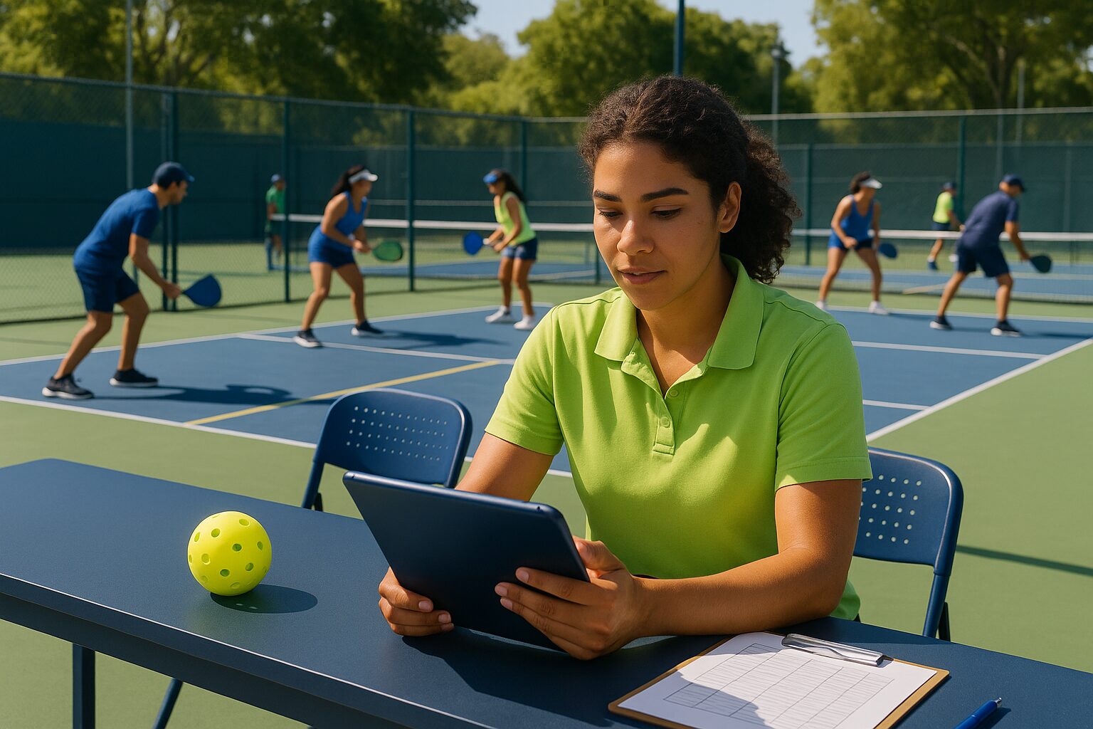 Una organizadora sigue el torneo desde una tablet junto a las canchas, con la planilla impresa al lado